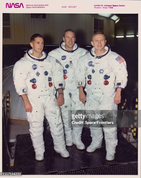 The prime crew of the Apollo 8 mission suited up for centrifuge training in the Flight Acceleration Facility, in Building 29 of NASA's Johnson...