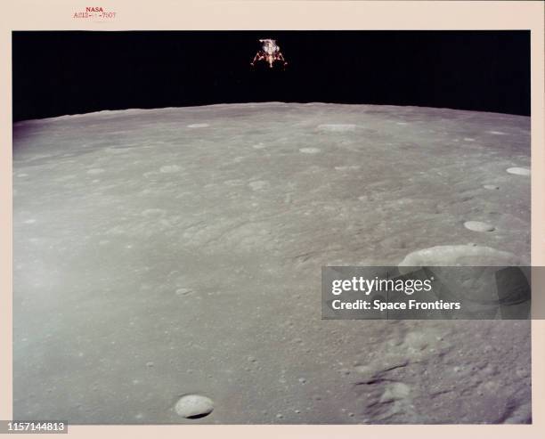The Lunar Module 'Intrepid' in landing configuration whilst in orbit around the Moon during NASA's Apollo 12 lunar landing mission, November 1969....