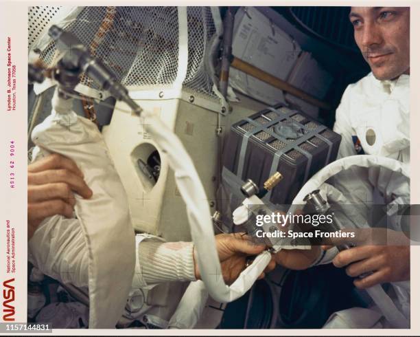 Command Module Pilot John L Swigert Jr pictured in the Apollo 13 Lunar Module during the mission's aborted lunar landing mission, April 1970. An...