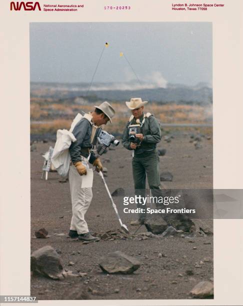 James A Lovell Jr , Commander of the planned Apollo 13 lunar landing mission, and Lunar Module Pilot Fred W Haise Jr, carry out a simulation of a...