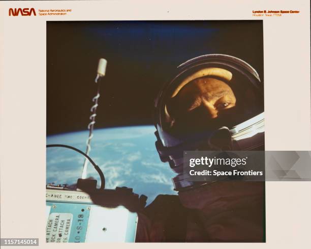Astronauts Edwin 'Buzz' Aldrin Jr, pilot of the Gemini 12 spacecraft, with a JA Maurer camera during a period of EVA , 12th November 1966.