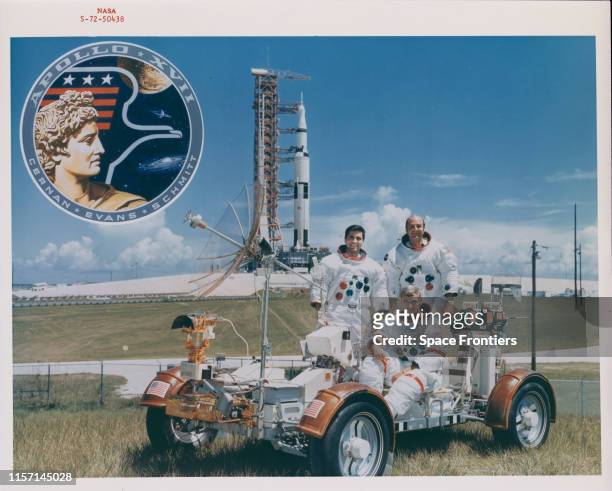 The prime crew of NASA's Apollo 17 lunar landing mission with a Lunar Roving Vehicle trainer at Pad A, Launch Complex 39 of the Kennedy Space Center...