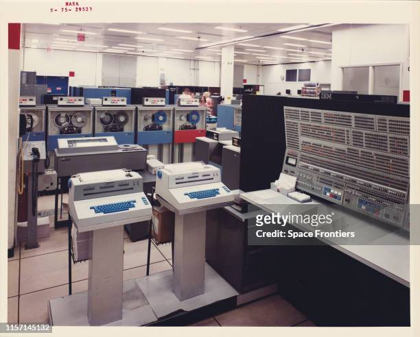 The IBM 360/75 Computer equipment in the Mission Control Center, Building 30 of the Johnson Space Center, Houston, Texas, 1975. The computer is part...