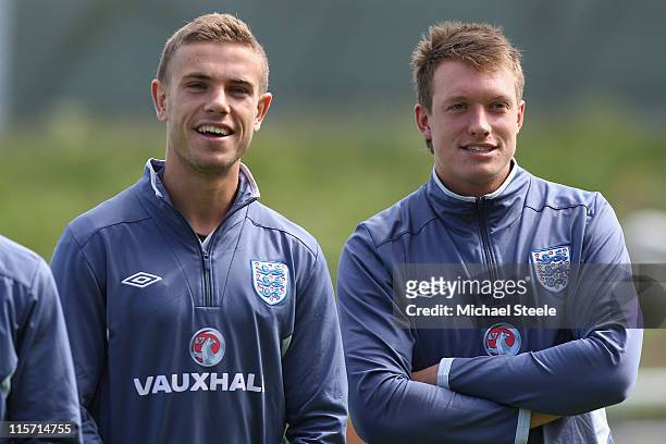 Jordan Henderson and Phil Jones during the England U21's training session at Montjasa Park Stadium on June 9, 2011 in Fredericia, Denmark.
