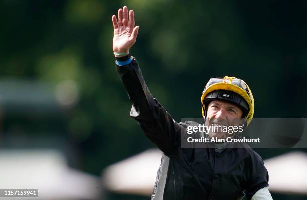 Frankie Dettori celebrates after riding Stradivarius to win The Gold Cup on day three of Royal Ascot at Ascot Racecourse on June 20, 2019 in Ascot,...