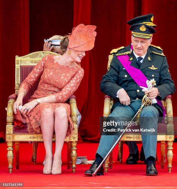 King Philippe of Belgium and Queen Mathilde of Belgium attend the military parade during Belgian National Day on July 21, 2019 in Brussels, Belgium.