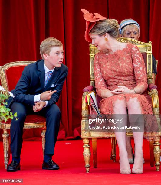 Queen Mathilde of Belgium and Prince Emmanuel of Belgium attend the military parade during Belgian National Day on July 21, 2019 in Brussels, Belgium.