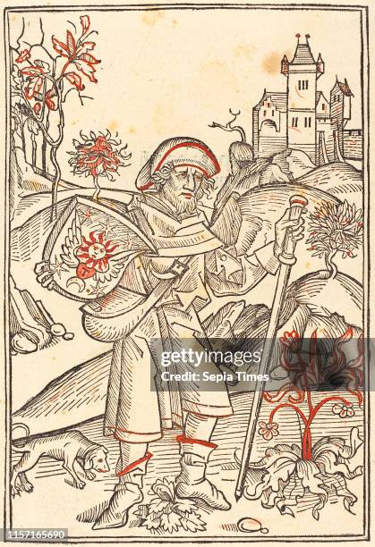German 15th Century, Gerson as Pilgrim woodcut, touched with red.