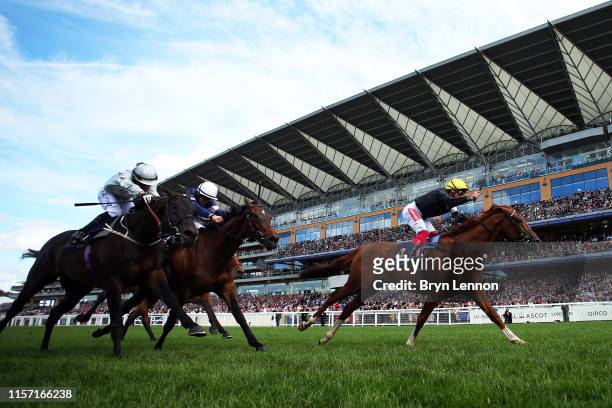 Frankie Dettori riding Stradivarius reacts to winning The Gold Cup on day three of Royal Ascot at Ascot Racecourse on June 20, 2019 in Ascot, England.