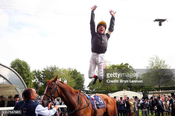 Frankie Dettori makes a flying dismount from Stradivarius after winning The Gold Cup on day three of Royal Ascot at Ascot Racecourse on June 20, 2019...