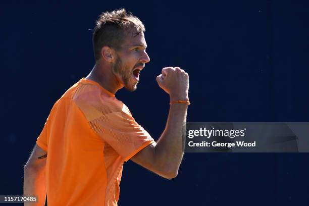Lukáš Rosol of Czech Republic reacts during his game against Mikael Ymer of Sweden during the Ilkley Trophy - Day Four at Ilkley Lawn Tennis & Squash...