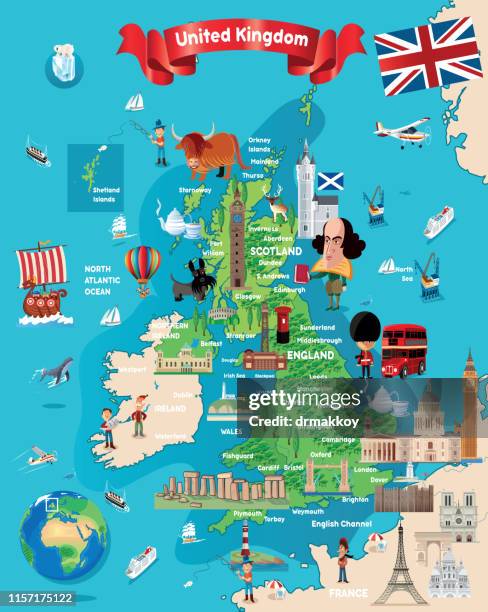 cartoon map of british - wales landmarks stock illustrations