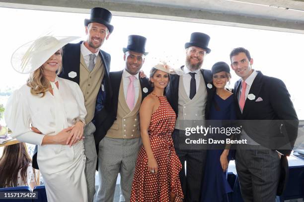 Abbey Clancy, Peter Crouch, Glen Johnson, Laura Johnson, Marius Jensen, Kara Tointon and Zafar Rushdie on day 3 of Royal Ascot at Ascot Racecourse on...