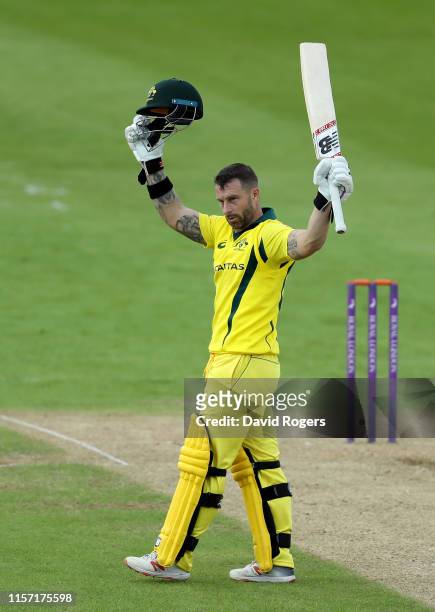Matthew Wade of Australia A celebrates after scoring a century during the Tour Match between Northamptonshire and Australia A at The County Ground on...