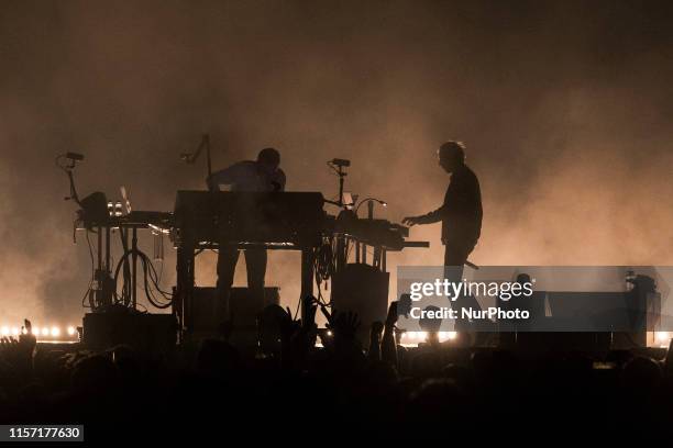 British electronic music group Underworld perform on the 2nd day of the Sonar Festival 2019 at the Fira Barcelona on July 19, 2019 in Barcelona,...