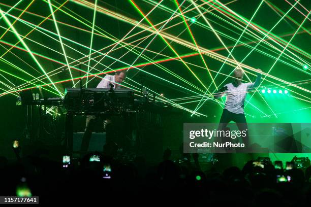 British electronic music group Underworld perform on the 2nd day of the Sonar Festival 2019 at the Fira Barcelona on July 19, 2019 in Barcelona,...