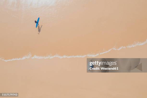 portugal, algarve, sagres, praia da mareta, aerial view of two men with surfboards at the sea - vida sencilla fotografías e imágenes de stock