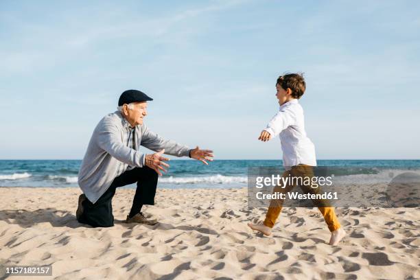 grandfather playing with his grandson on the beach - great grandfather ストックフォトと画像
