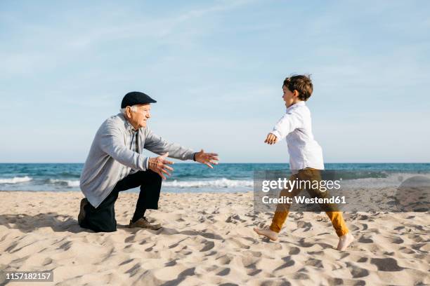 grandfather playing with his grandson on the beach - great grandfather stock pictures, royalty-free photos & images