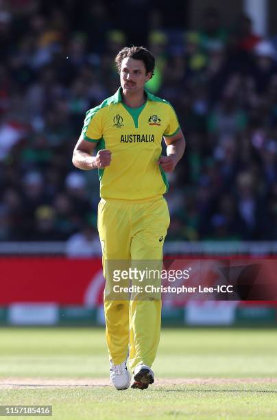Nathan Coulter-Nile of Australia celebrates taking the wicket of Sabbir Rahman of Bagladesh during the Group Stage match of the ICC Cricket World Cup...