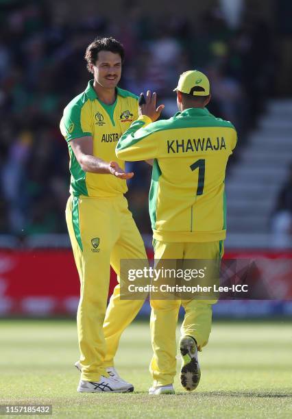 Nathan Coulter-Nile of Australia celebrates taking the wicket of Sabbir Rahman of Bagladesh during the Group Stage match of the ICC Cricket World Cup...