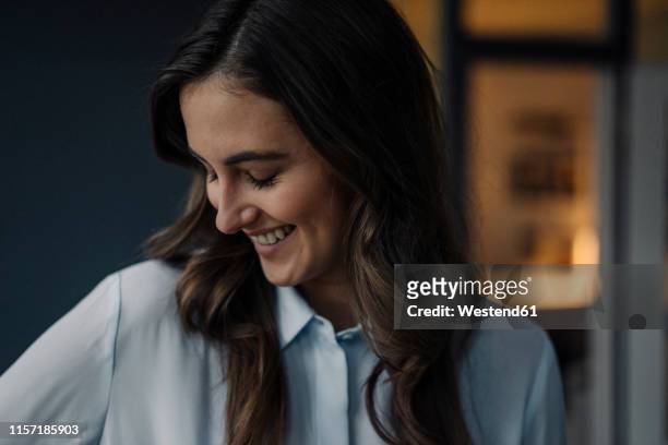 portrait of happy young businesswoman - shy stock pictures, royalty-free photos & images