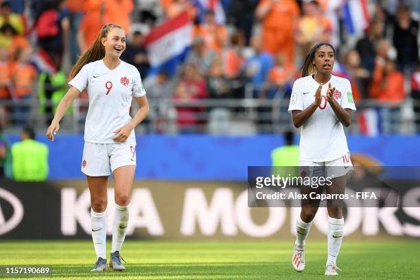 Jordyn Huitema and Ashley Lawrence of Canada acknowledge the fans following the 2019 FIFA Women's World Cup France group E match between Netherlands...