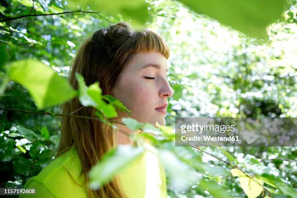 portrait of young woman in the forest - single leaf stock-fotos und bilder