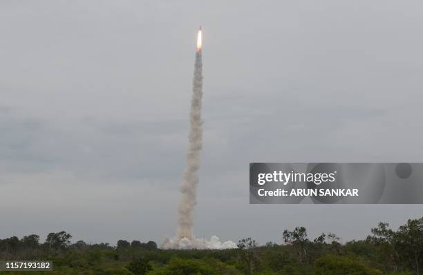 The Indian Space Research Organisation's Chandrayaan-2 , on board the Geosynchronous Satellite Launch Vehicle , launches in Sriharikota in the state...