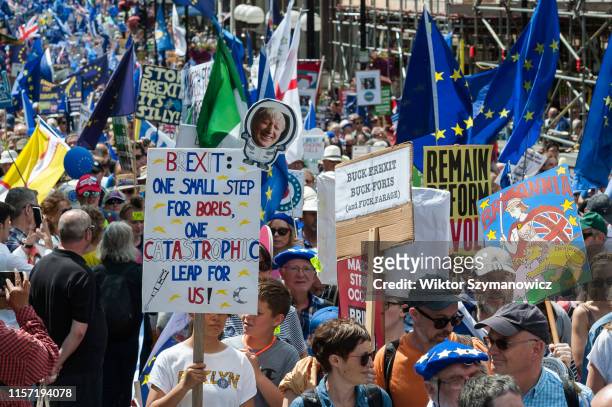 Tens of thousands of pro-European protesters march in an anti-Brexit Yes to Europe, no to Boris demonstration on 20 July, 2019 in London, England....
