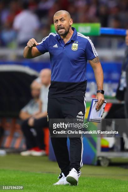 Argentina assistant coach Walter Samuel looks on during the Copa America Brazil 2019 group B match between Argentina and Paraguay at Mineirao Stadium...
