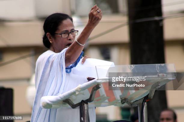 Mamata Banerjee Chief Minister of West Bengal and Chief of Trinamool Congress Political party address at the Trinamool Congress Sahid Divas rally, in...