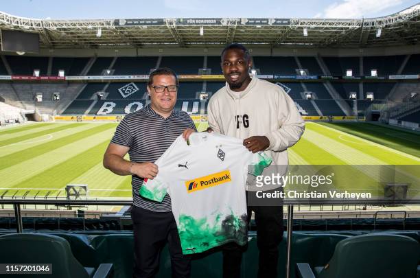 Borussia Moenchengladbach unveils new signing Marcus Thuram at Borussia-Park on July 22, 2019 in Moenchengladbach, Germany.