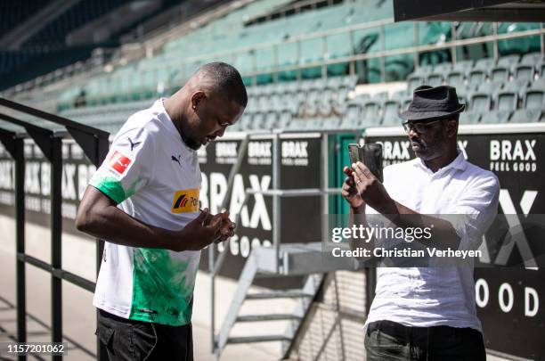 Borussia Moenchengladbach unveils new signing Marcus Thuram at Borussia-Park on July 22, 2019 in Moenchengladbach, Germany.