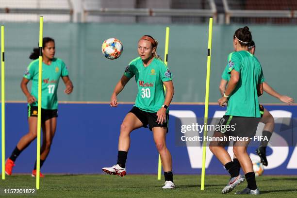 Teigen Allen of Australia runs through drills during a training session on June 21, 2019 in Nice, France.