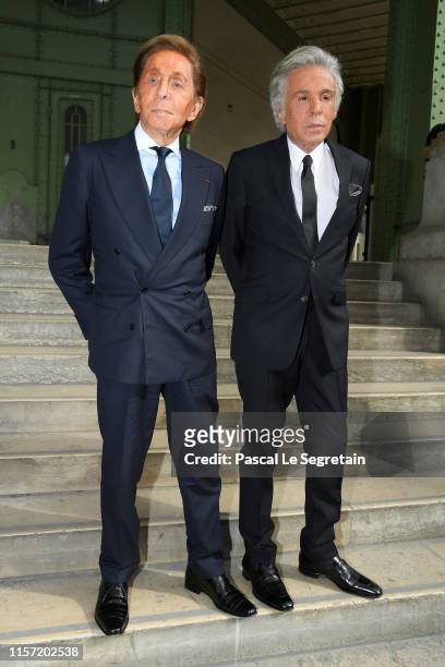 Valentino Garavani and Giancarlo Giammetti pose prior the Karl Lagerfeld Homage at Grand Palais on June 20, 2019 in Paris, France.