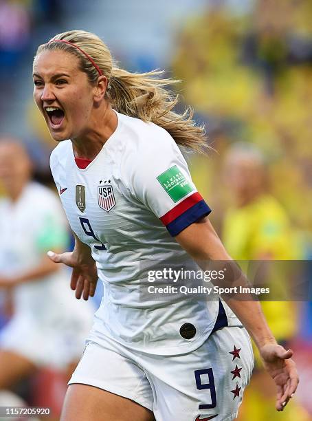 Lindsey Horan of USA celebrates scoring her team's opening goal during the 2019 FIFA Women's World Cup France group F match between Sweden and USA at...