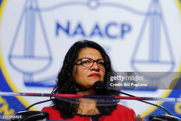 Rep. Rashida Tlaib speaks at the opening plenary session of the NAACP 110th National Convention at the COBO Center on July 22, 2019 in Detroit,...