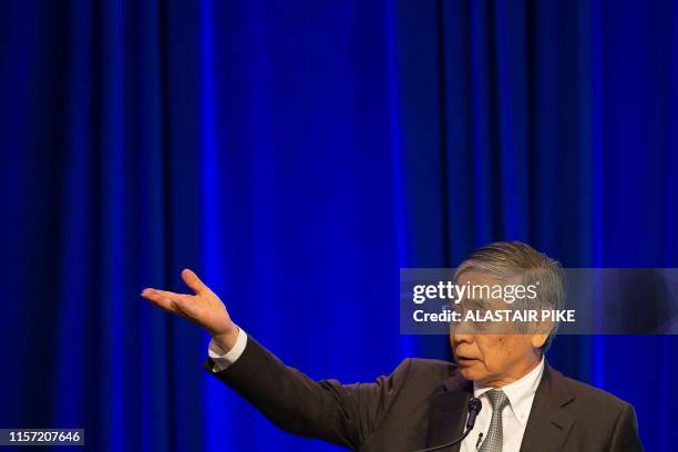 Bank of Japan Governor Haruhiko Kuroda speaks during the 2019 Michel Camdessus Central Banking Lecture at the International Monetary Fund...