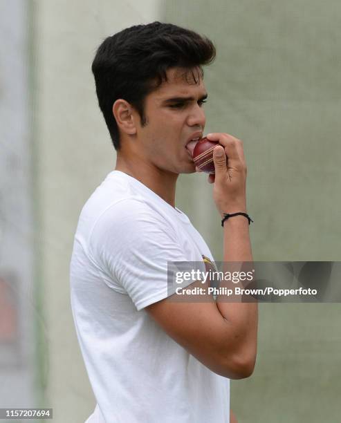 Arjun Tendulkar, son of Sachin bowls to Ireland players in the nets before the one off test match against Ireland at Lord's on July 22, 2019 in...