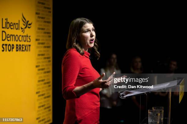 Liberal Democrat leadership contender Jo Swinson speaks after being announced as the new Liberal Democrat party leader on July 22, 2019 in London,...