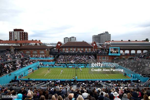 General view over centre court during the doubles first round match between Andy Murray of Great Britain, Feliciano Lopez of Spain and Juan Sebastian...