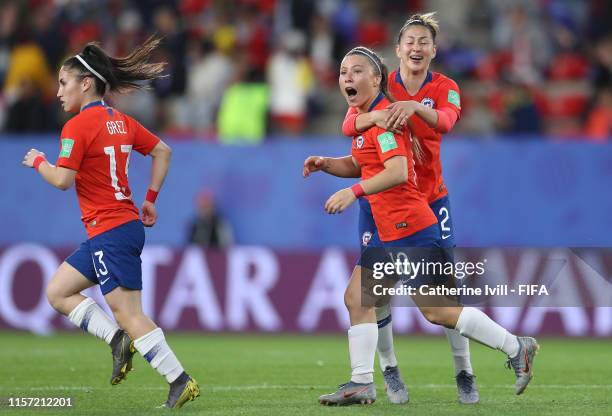 Yanara Aedo and Rocio Soto of Chile celebrate their side's first goal during the 2019 FIFA Women's World Cup France group F match between Thailand...