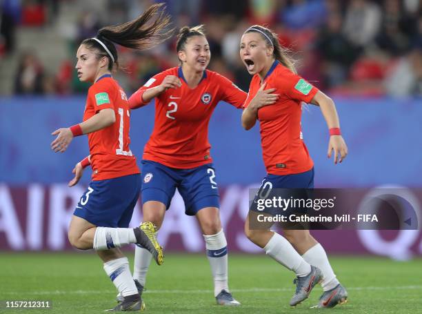 Yanara Aedo and Rocio Soto of Chile celebrate their side's first goal during the 2019 FIFA Women's World Cup France group F match between Thailand...