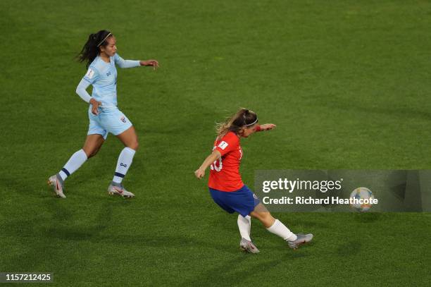 Yanara Aedo of Chile shoots, leading to an own goal during the 2019 FIFA Women's World Cup France group F match between Thailand and Chile at Roazhon...