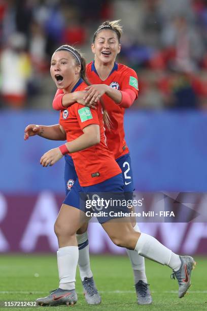 Yanara Aedo and Rocio Soto of Chile celebrate their side's first goal during the 2019 FIFA Women's World Cup France group F match between Thailand...