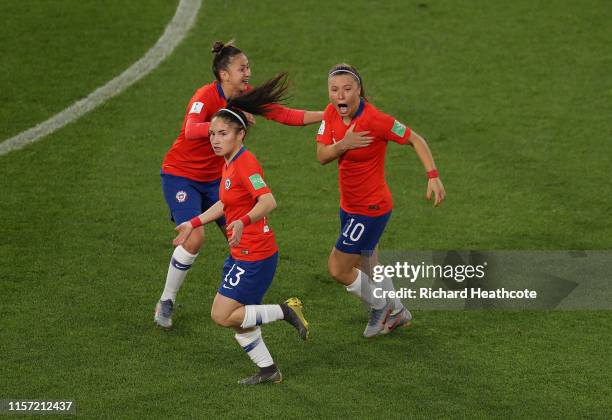 Yanara Aedo and Rocio Soto of Chile celebrate their side's first goal during the 2019 FIFA Women's World Cup France group F match between Thailand...