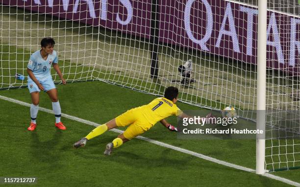 Waraporn Boonsing of Thailand scores an own goal, Chile's first goal during the 2019 FIFA Women's World Cup France group F match between Thailand and...