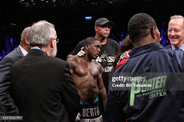 April 22: Andre Berto lookd on after being defeated by Shawn Porter by TKO in the 9th round of their WBC welterweight title eliminator at the Barclay...