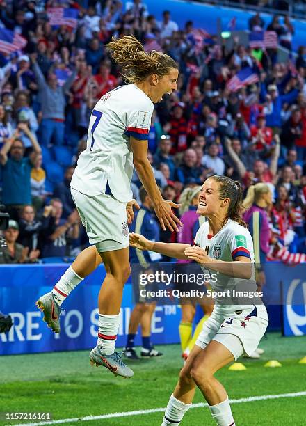 Tobin Heath of USA celebrates scoring her team's second goal with team mates during the 2019 FIFA Women's World Cup France group F match between...